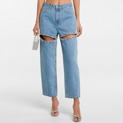 Stylish Crystal Embellished CutOut High Waist Straight Leg Denim Jeans