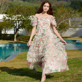 Sweet Floral Print Off Shoulder Short Sleeve Ruffle Tier Layered Tulle Maxi Dress