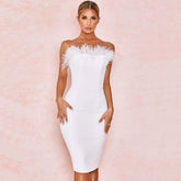 Unique Feather Trim Strapless Bandage Cocktail Party Midi Dress - White