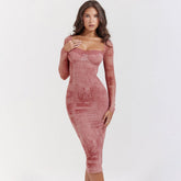 Vintage Lace Sweetheart Neck Lace Up Long Sleeve Hazy Printed Bodycon Midi Dress
