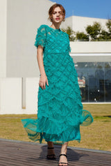 Opulent High Waist Tulle Ruffle Maxi Dress