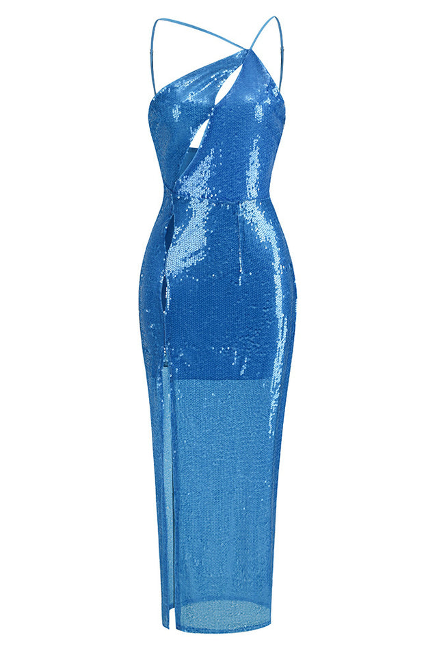 Deep Slit One Shoulder Sequin Dress
