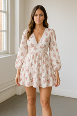 Stylish Pink V Neck Print Lace Cotton Mid Dress Spring
