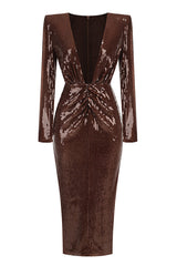 Gathered Sequined Midi Dress in Brown