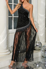 One Shoulder Shiny Sequin Lace Dress