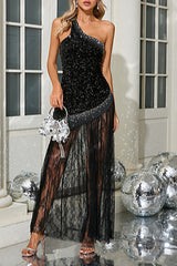 One Shoulder Shiny Sequin Lace Dress
