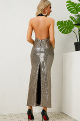 Textured Foil Halter Neck Maxi Dress