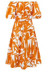 Printed Off Shoulder Balloon Sleeve Dress