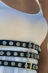 Triple Thin Stripe Adjustable Stylish Leather Waist Corset Belt on Dress