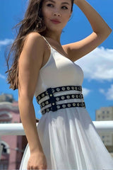 Triple Thin Stripe Adjustable Stylish Leather Waist Corset Belt on Dress