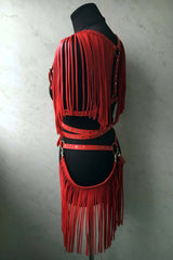 Stylish Red Leather Skirt - Jacket Set with Tassel Detail, Leather Skirt and Jacket Set