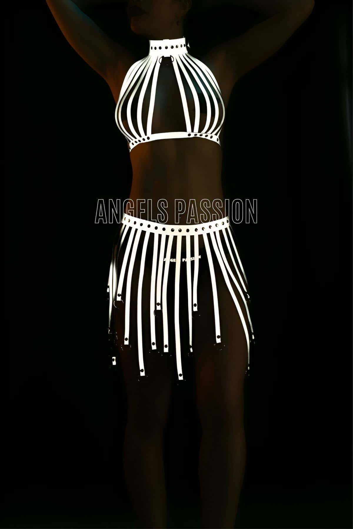 Sexy Tassel Reflective Skirt Bustier Set