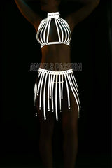 Sexy Tassel Reflective Skirt Bustier Set