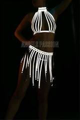 Sexy Tassel Reflective Skirt Bustier Set