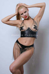 Chain Bustier Skirt Set, Stylish Leather Skirt and Bustier