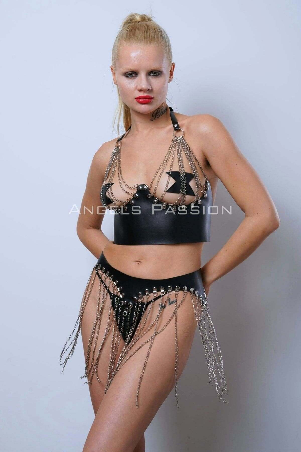 Chain Bustier Skirt Set, Stylish Leather Skirt and Bustier