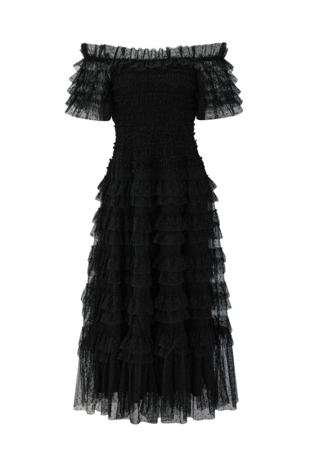 Off Shoulder Dotted Tulle Maxi Dress