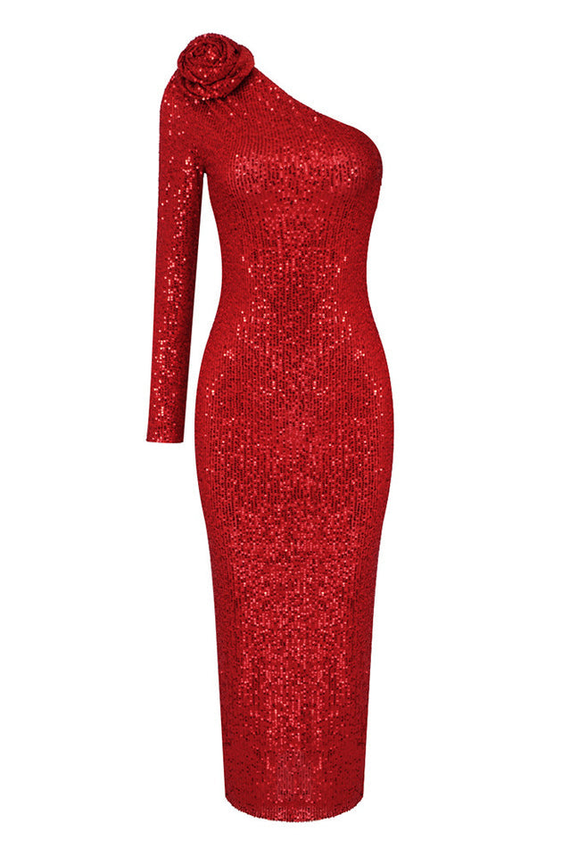 Ethel Sequins One Shoulder Midi Dress