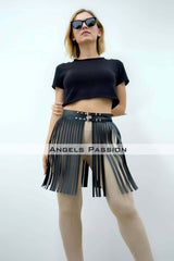 47 cm Stylish Tassel Leather Skirt, Tassel Skirt Over Shorts, Stylish Tassel Mini Skirt