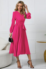 Pleated Belt V-Neck Dress