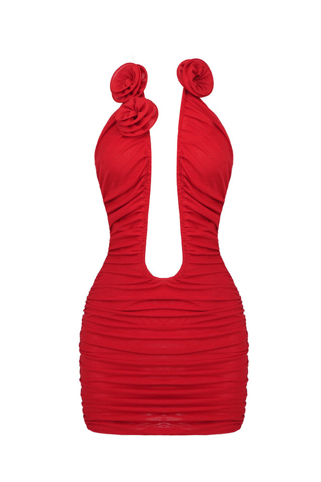 Rose-Appliqué Ruched Mini Dress