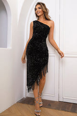 One Shoulder Fringe Trim Sequin Dress