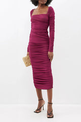 Square Neck Ruched Crepe Midi Dress