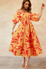 Printed Off Shoulder Balloon Sleeve Dress