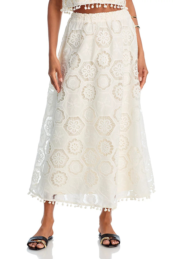 Capri Bloom Skirt â€?Embroidered Lace Tassel Midi