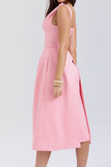 Deep V Neck Cinch Waist Satin Midi Dress