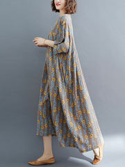 women summer loose round neck print short-sleeved plus size mid-length smocked dress