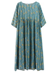 women summer loose round neck print short-sleeved plus size mid-length smocked dress
