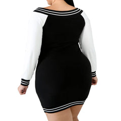 Casual V Zipper Long Sleeve Bodycon Women Plus Size Dress