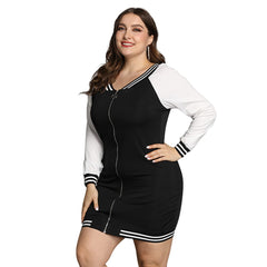 Casual V Zipper Long Sleeve Bodycon Women Plus Size Dress