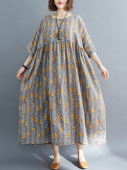 women summer loose round neck print short-sleeved plus size mid-length smocked dress