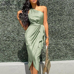 Vintage  Asymmetrical One Shoulder Sleeveless Bodycon Women Dress