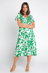 Brighton Dress - White/Green Monstera
