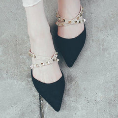 Retro Chic Cross Tie Flock Rivet Pointed Toe Square Heels Women Mules Shoes