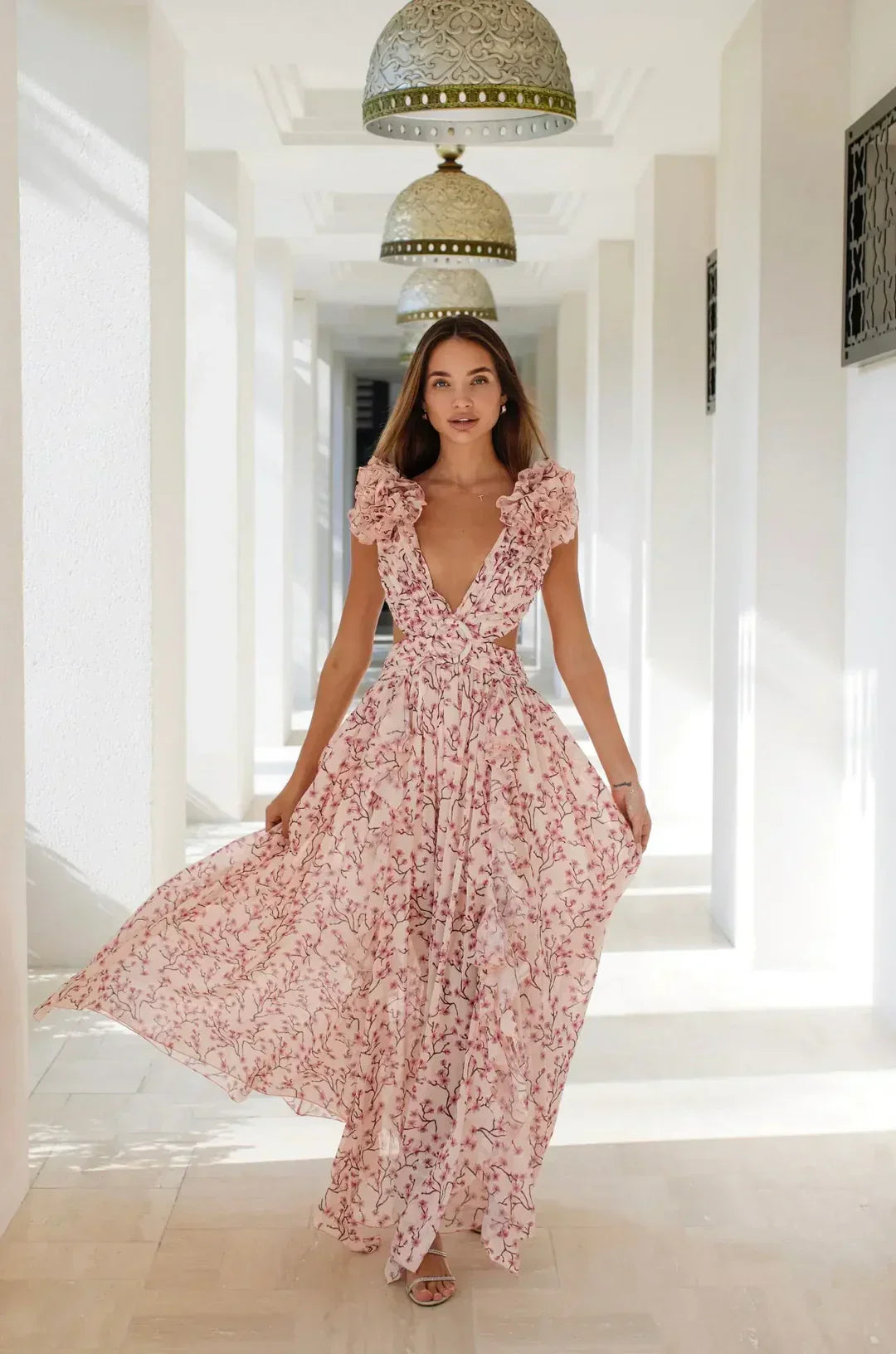 MINA - Cutout Ruffle Maxi Dress