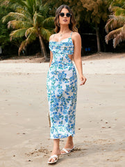 Draped Cut Out Backless Floral Maxi Dress