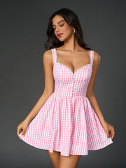 Embellished Button Plaid Print Cami Dress