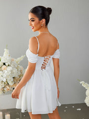 Off Shoulder Crisscross Tie Back Mini Dress