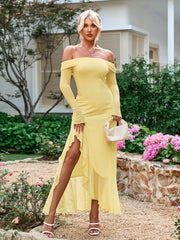 Off Shoulder Cut Out Asymmetrical Ruffle Hem Dress