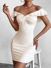 Off Shoulder Ruched Twist Front Mini Dress