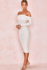 Ruched Off Shoulder Midi Dress