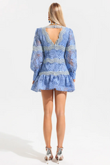 V-Neck Puff Sleeve Lace Mini Dress