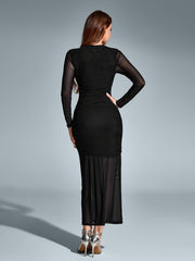 Round Neck Ruched Mesh Bodycon Dress