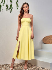 Ruched Bust Split Thigh Maxi Tube Dress