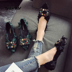 Casual Bow Rhinestone Pointed Toe Slip On Women Flat