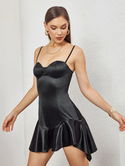 Satin Corset Zipper Asymmetrical Hem Mini Dress